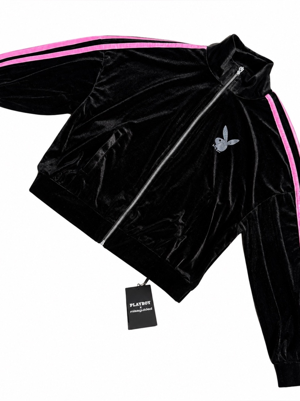 Playboy Missguided Velvet Zip Up Jacket Pink Stripe